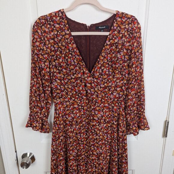 Madewell | Brown Multicolor Floral Faux Wrap Dress Size 0 - Picture 5 of 10